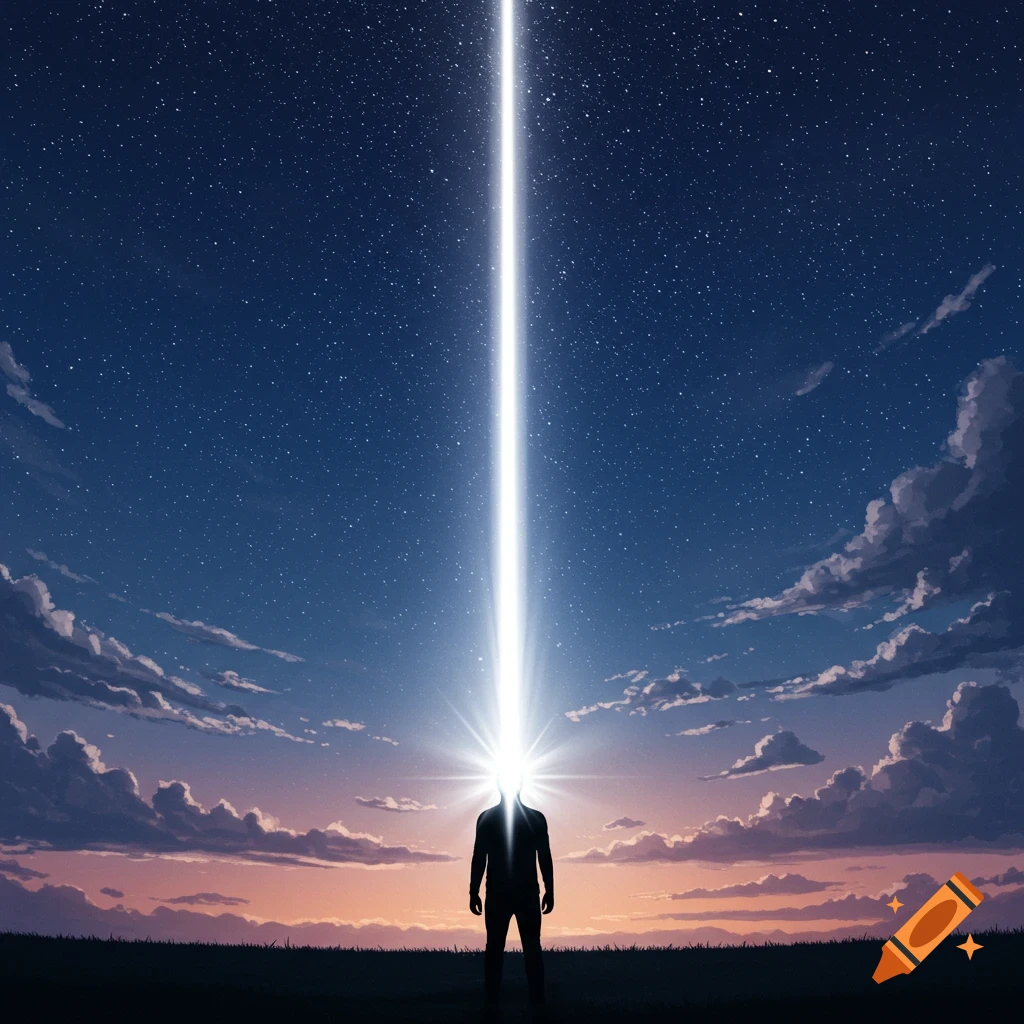 A silhouette of a person standing on a horizon under a starry night sky, with a bright beam of light shooting upwards from their head.