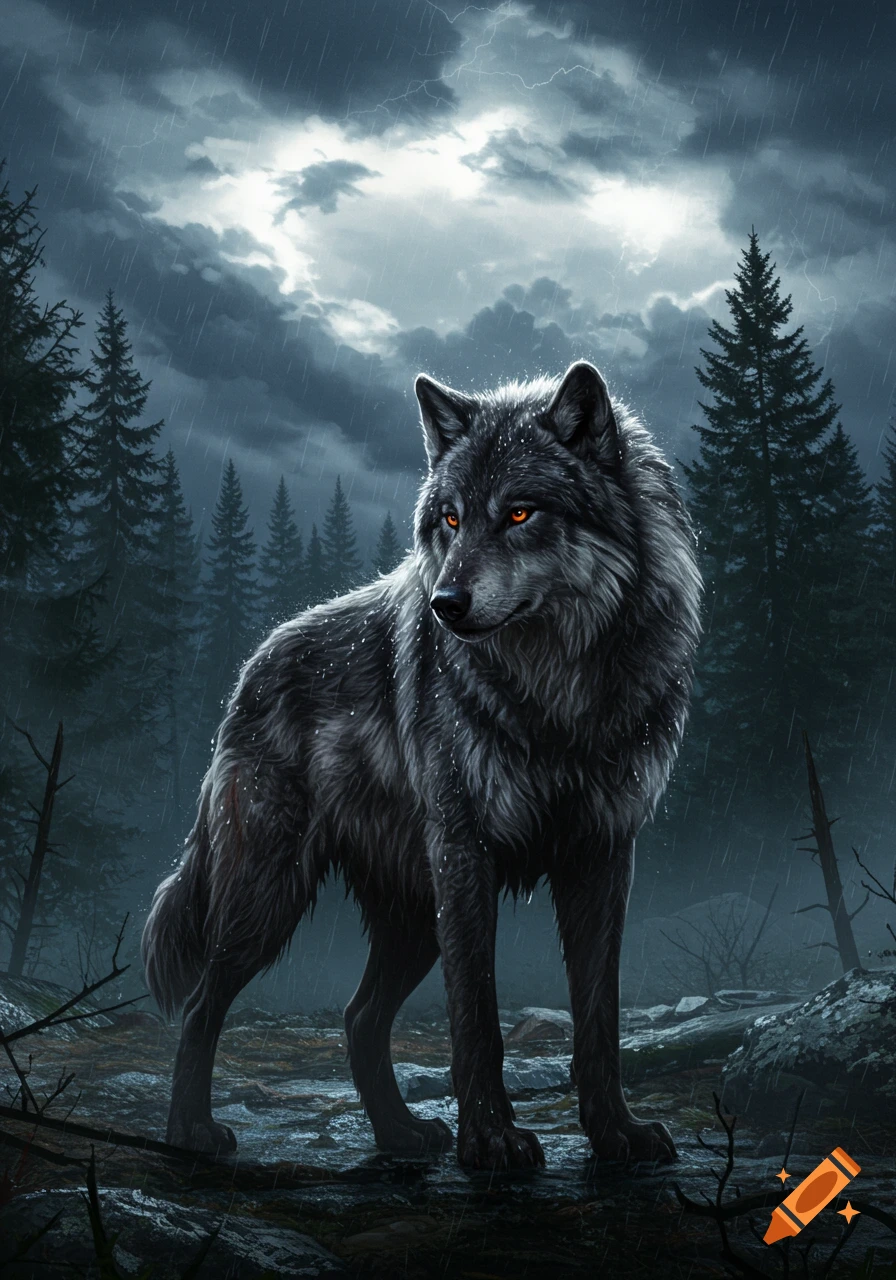 A majestic dark grey dire wolf with glowing orange eyes stands in a rainy, stormy forest under a clouded sky.