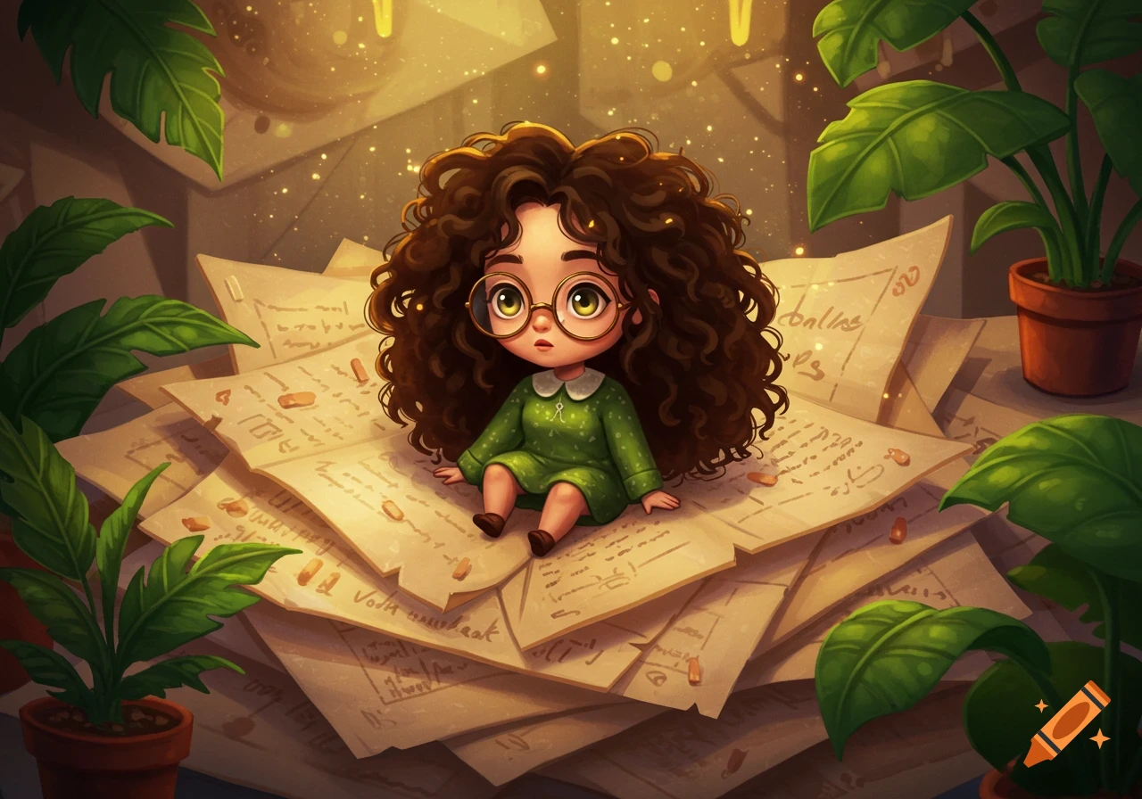 A cute, big-haired, big-eyed cartoon girl in glasses sits on a stack of scribbled papers surrounded by plants. Stylized illustration.