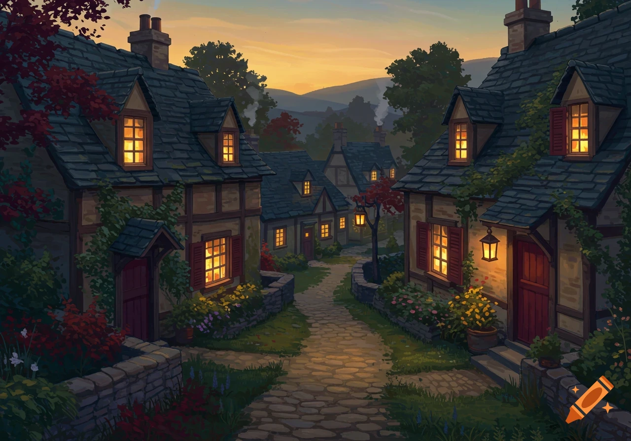 A charming village street at dusk with warmly lit windows in timber-framed houses, a stone path, and lush foliage.