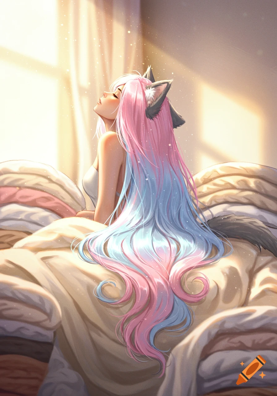 Anime girl with long pink and blue hair and wolf ears lies on cozy blankets, gazing at sunlight.