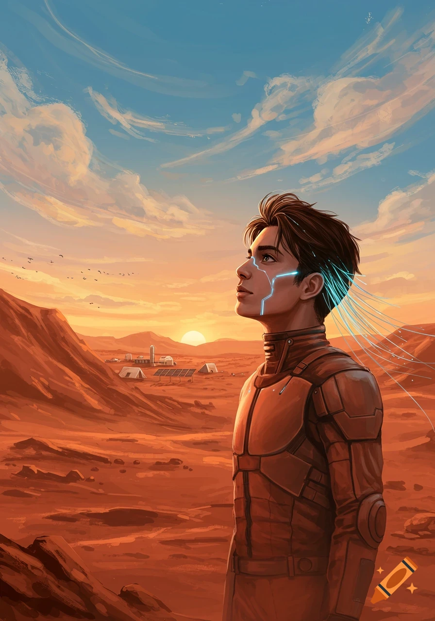 Young man with fiber optic cyberware looking up at a sunset over a Mars colony. Digital art.