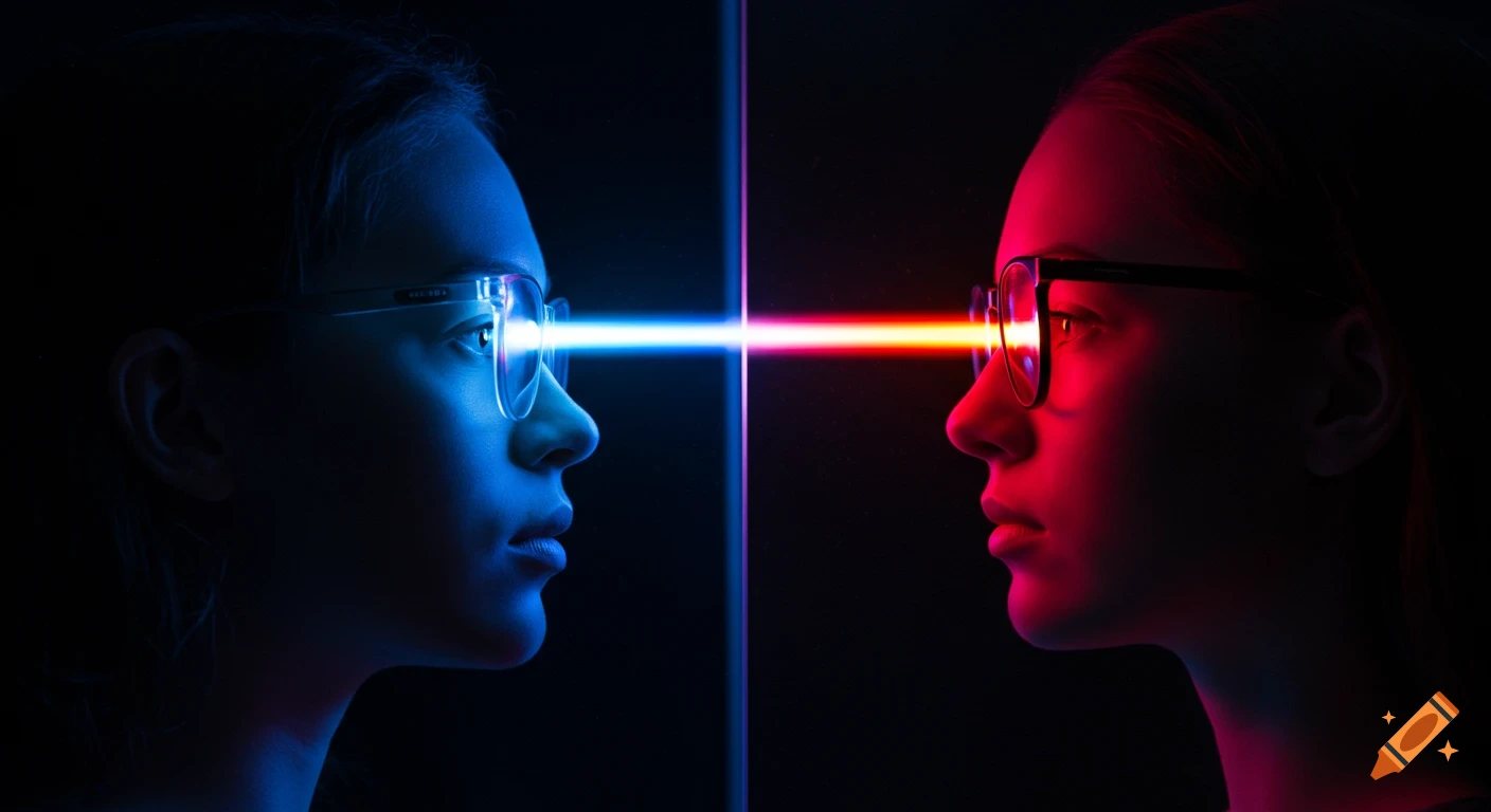 Two people in profile, facing each other, with beams of blue and red light emanating from their eyes and crossing in the center.
