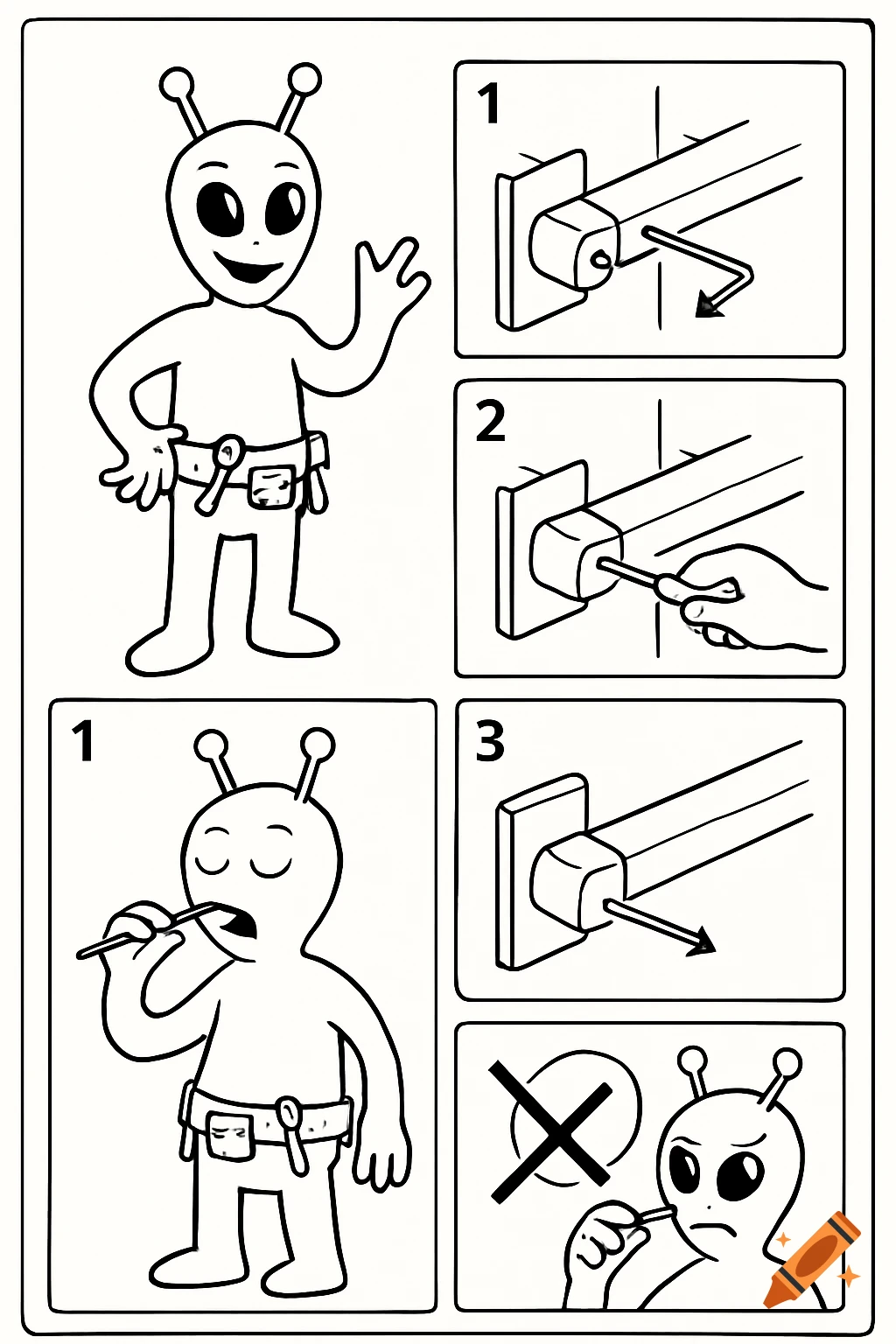 A black and white IKEA-style instruction manual cartoon alien demonstrating how to use an Allen key, including a warning.
