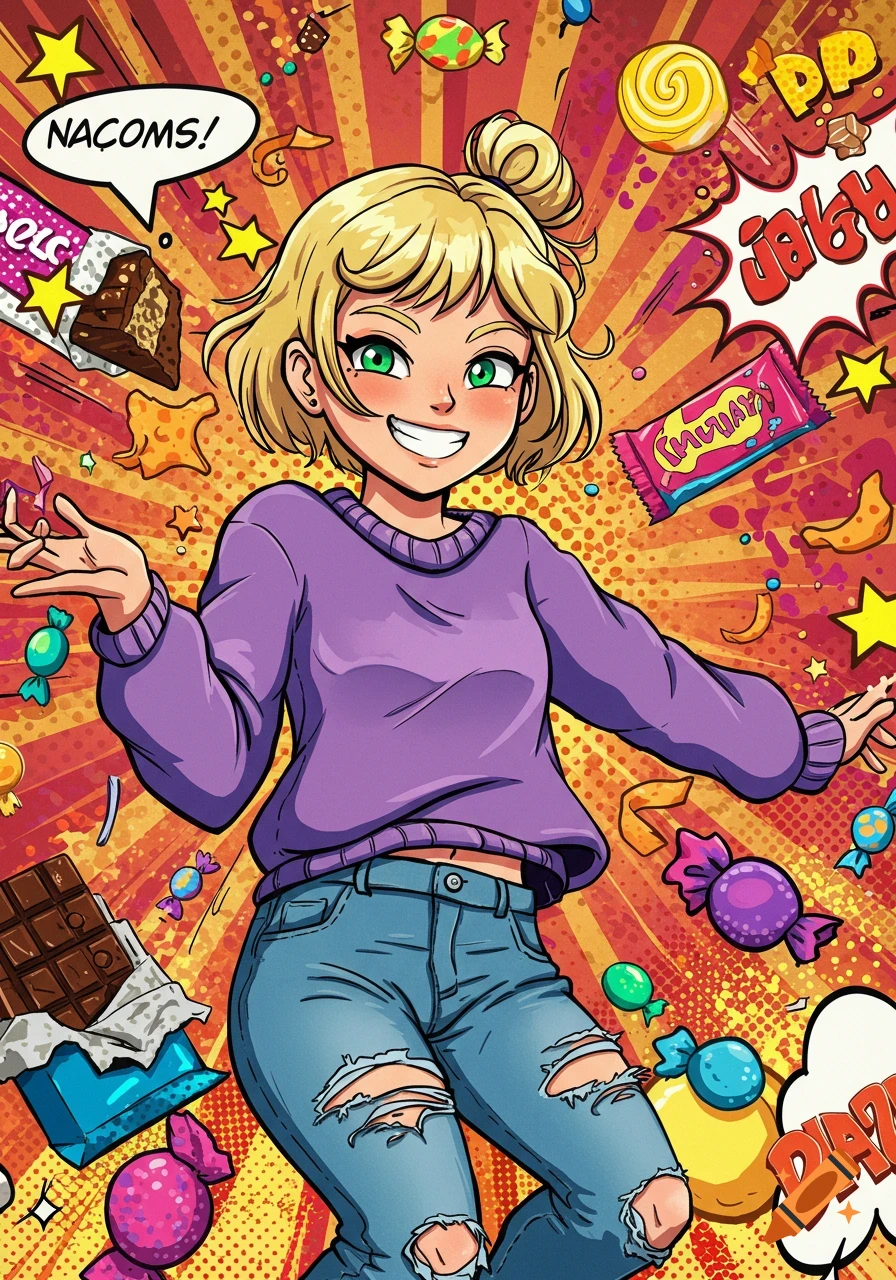 A smiling blonde cartoon girl in a purple sweater and ripped jeans is surrounded by candies and comic book-style speech bubbles on a vibrant, radial background.