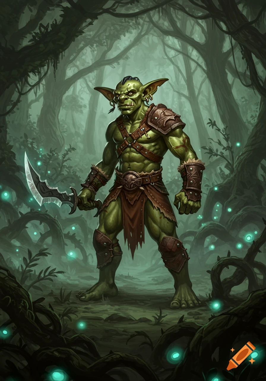 A muscular green goblin with large ears and tattered armor stands holding a curved dagger in a mystical, misty forest with glowing blue plants.