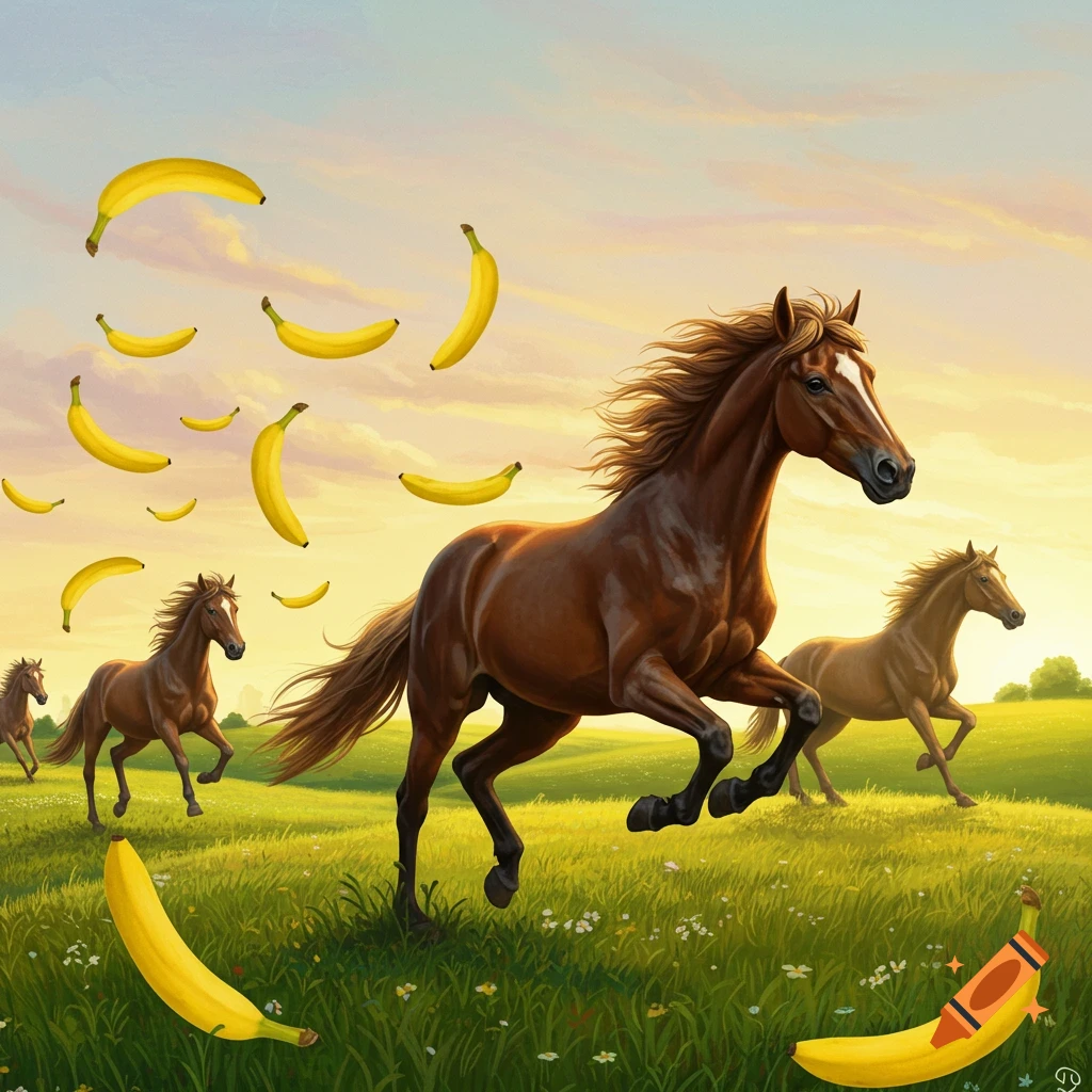 Brown horses gallop through a green field under a sunset sky, with many yellow bananas floating in the air.