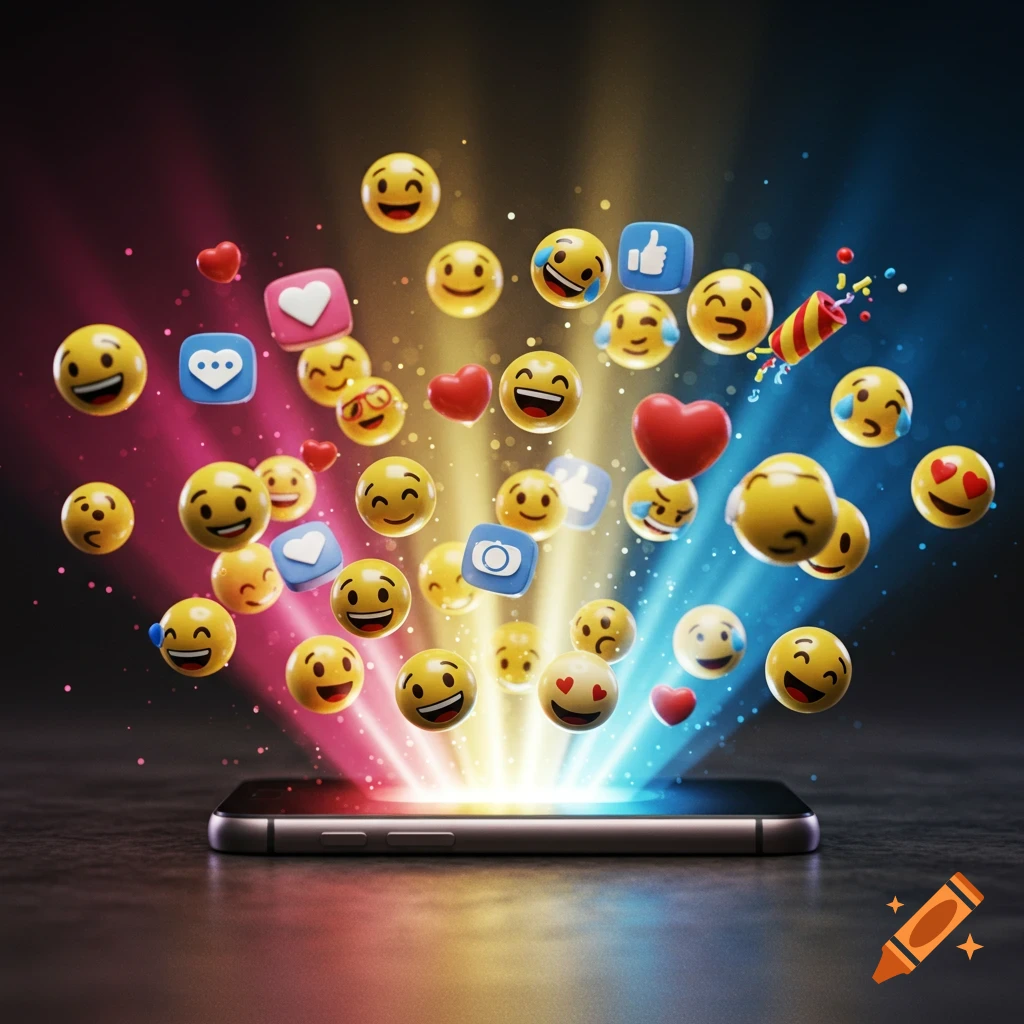 3D render of various emojis and hearts bursting from a smartphone with a colorful light beam.