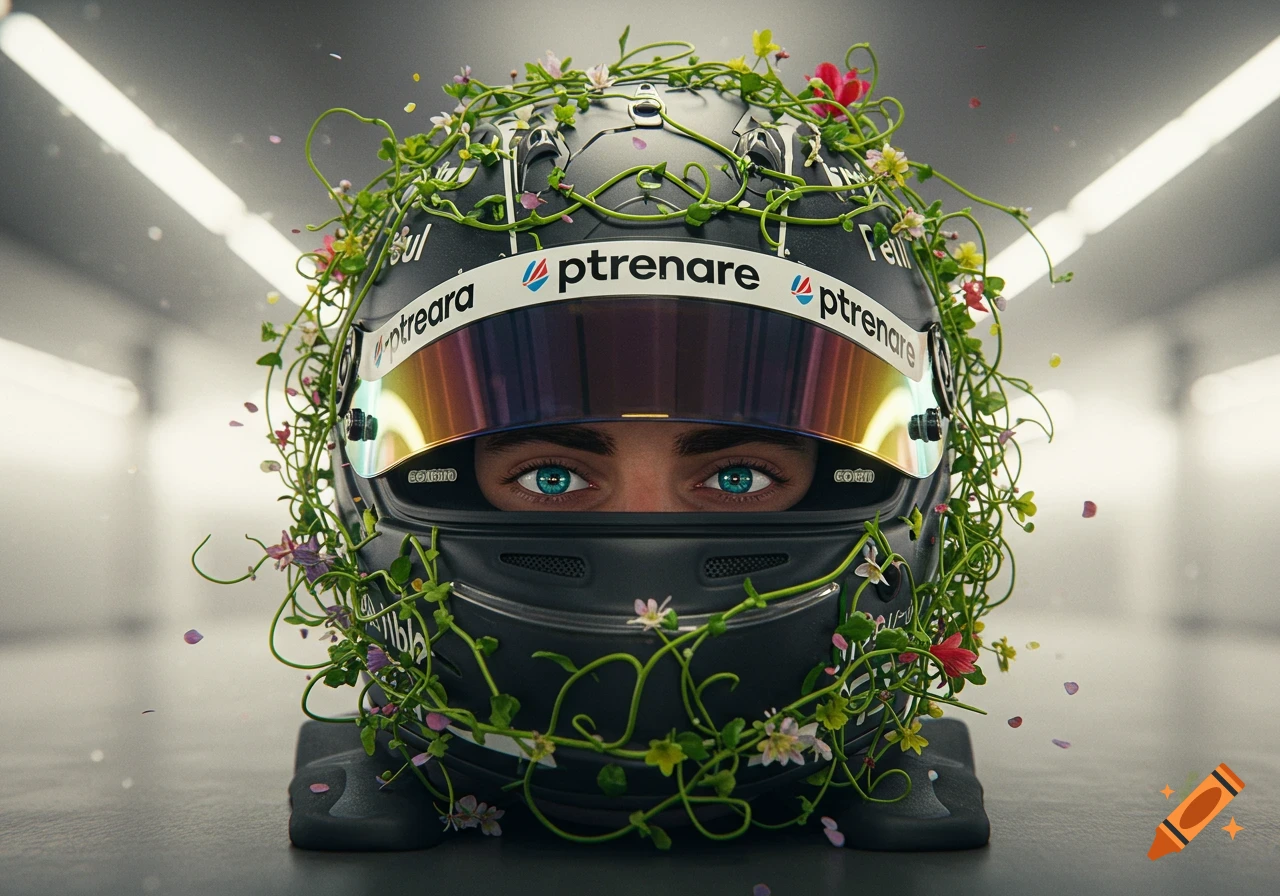 Black F1 helmet covered in green vines and flowers, with blue eyes visible through the gold-tinted visor, facing forward in a sterile room.