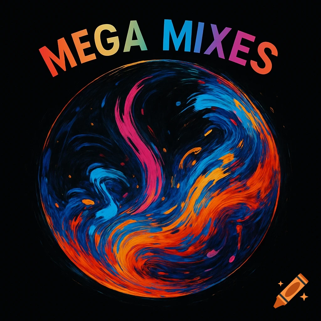 Vibrant abstract album cover with a swirling globe of colorful paint strokes on a black background, text 'MEGA MIXES' above.