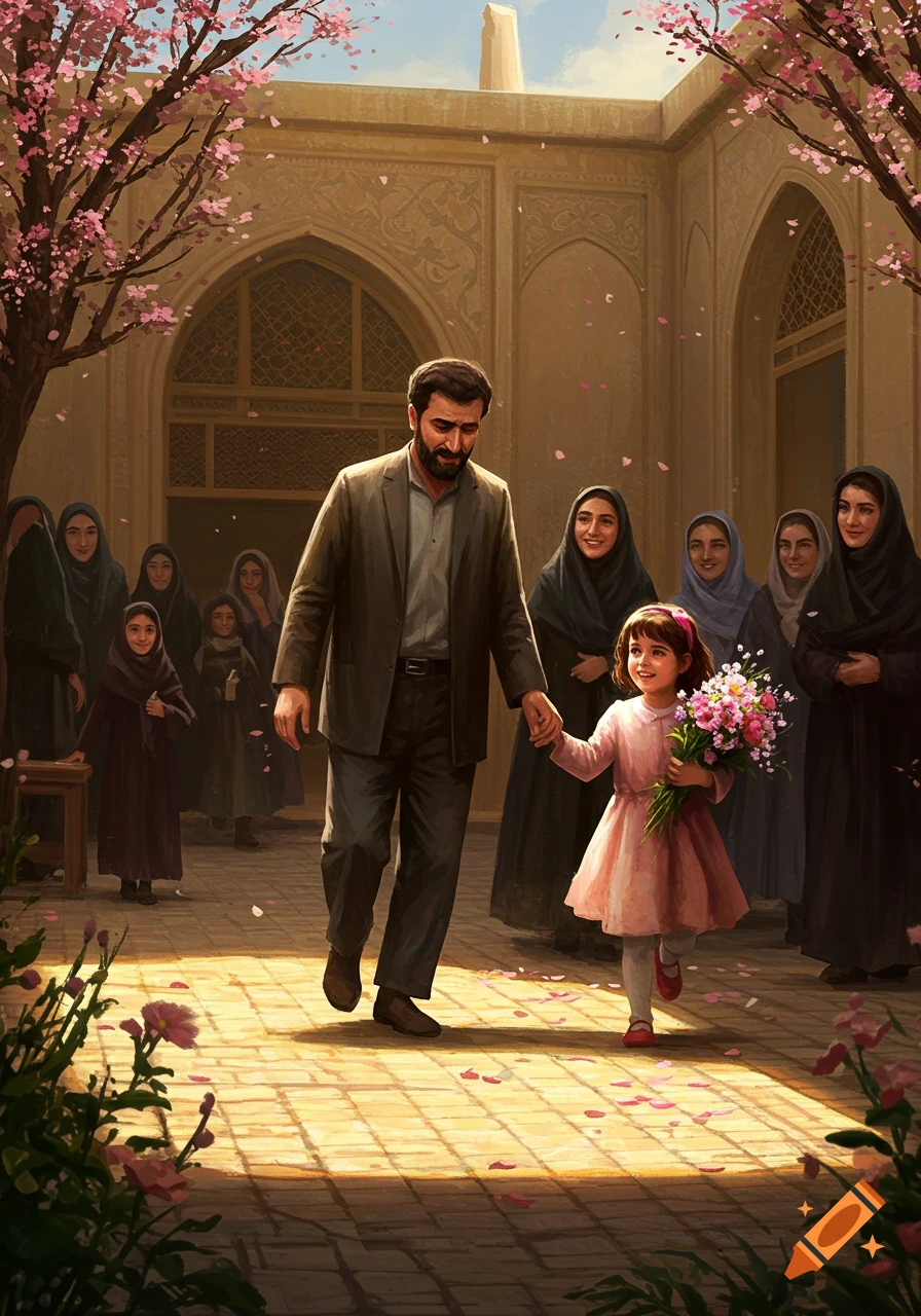 A man and his young daughter, holding hands, walk through a traditional courtyard under blooming trees as women in hijabs watch. Illustrated.