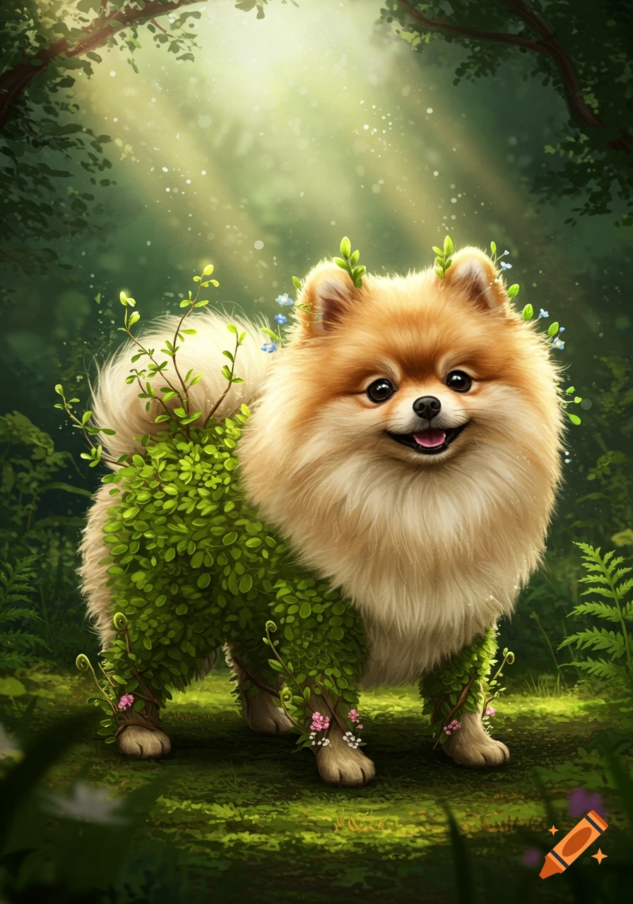 A fluffy Pomeranian dog covered in green foliage and small flowers stands in a magical, sunlit forest.
