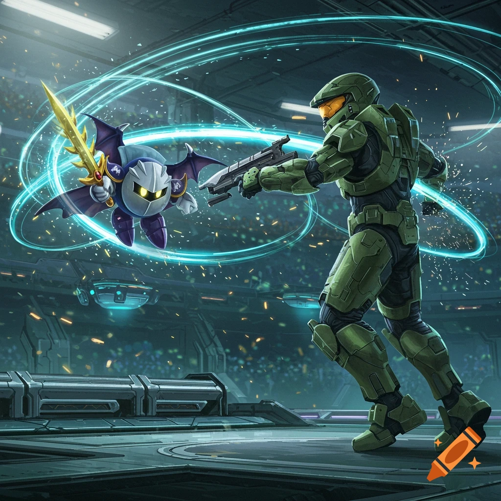 Master Chief and Meta Knight battle in a futuristic arena, surrounded by glowing energy trails, in a dynamic digital art style.