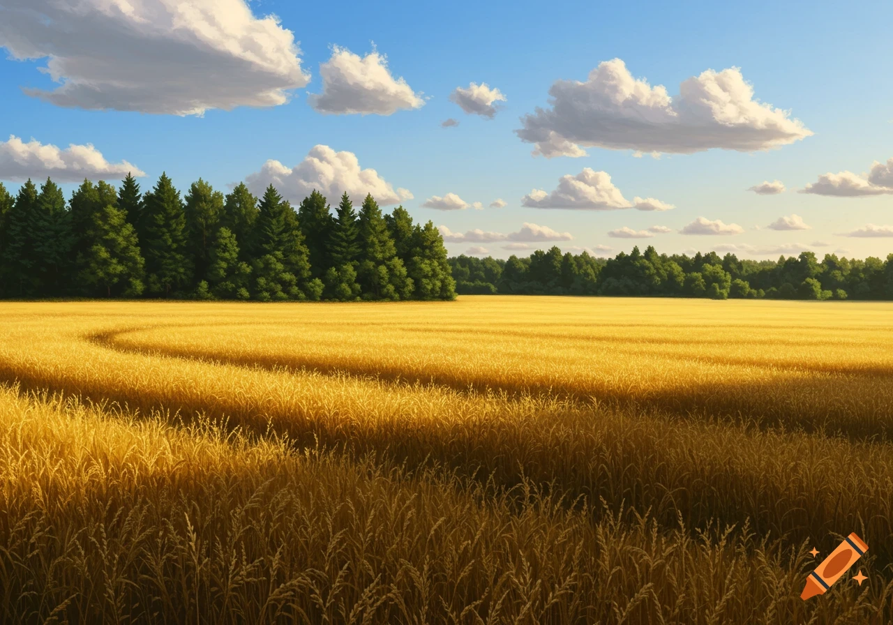 A golden field of grain curves towards a dense green forest under a blue sky with fluffy white clouds, rendered in a realistic, painterly style.