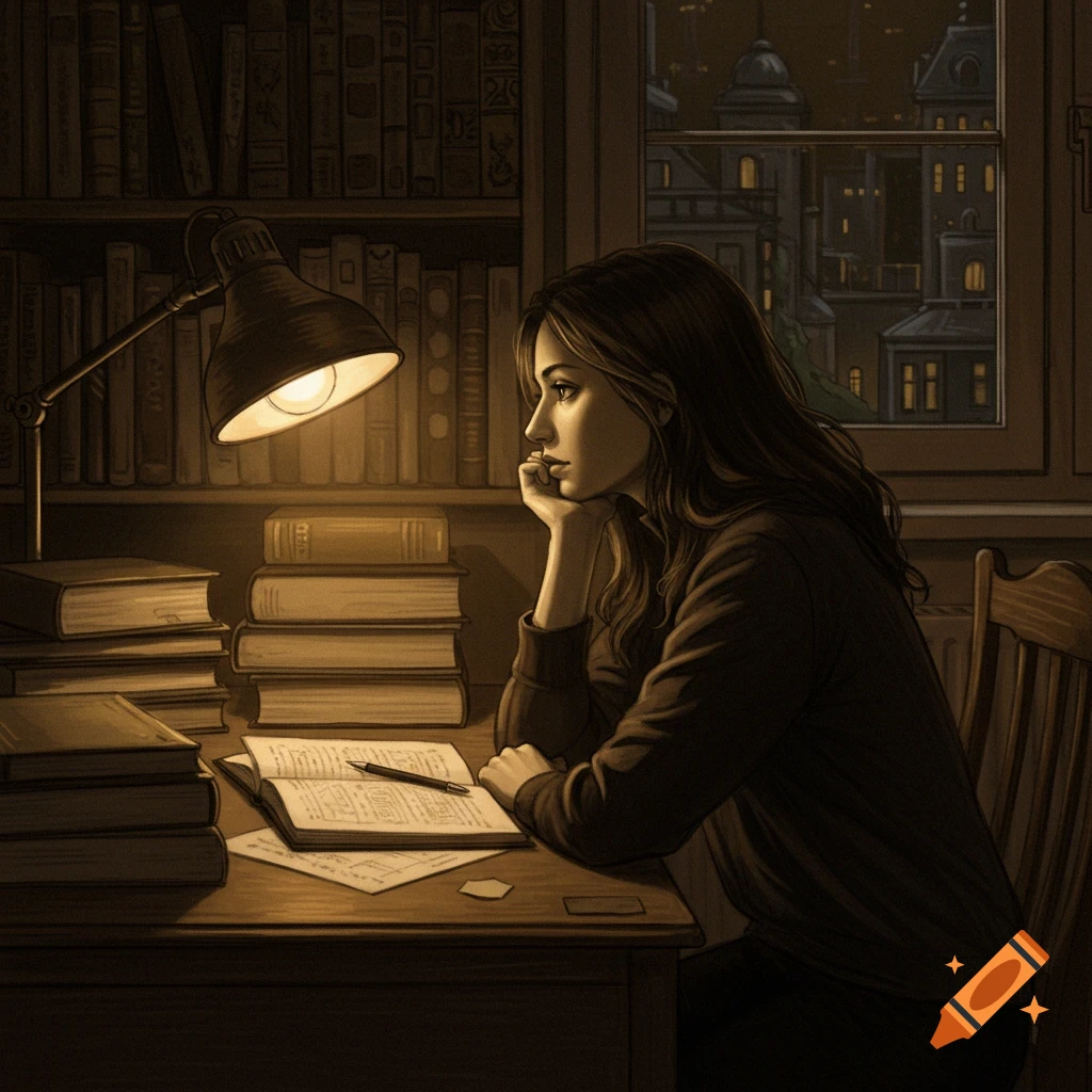 A young woman sits at a desk under a lamp, contemplating an open book and papers, in a dim, cozy room with bookshelves and a window showing city buildings at night. Drawing style.