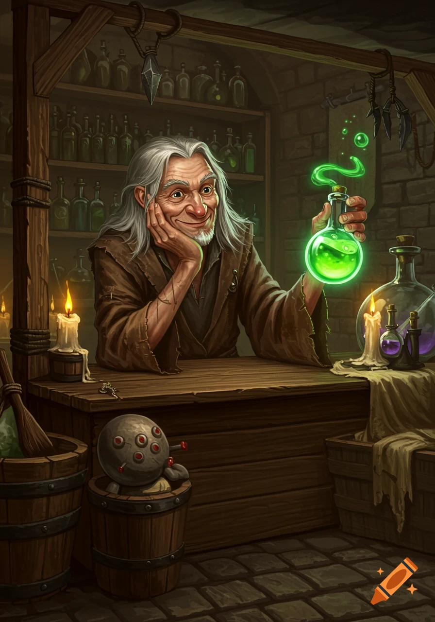 A mischievous, hunchbacked old man with long grey hair grins behind a wooden counter, holding a glowing green potion bottle in a fantasy art style.