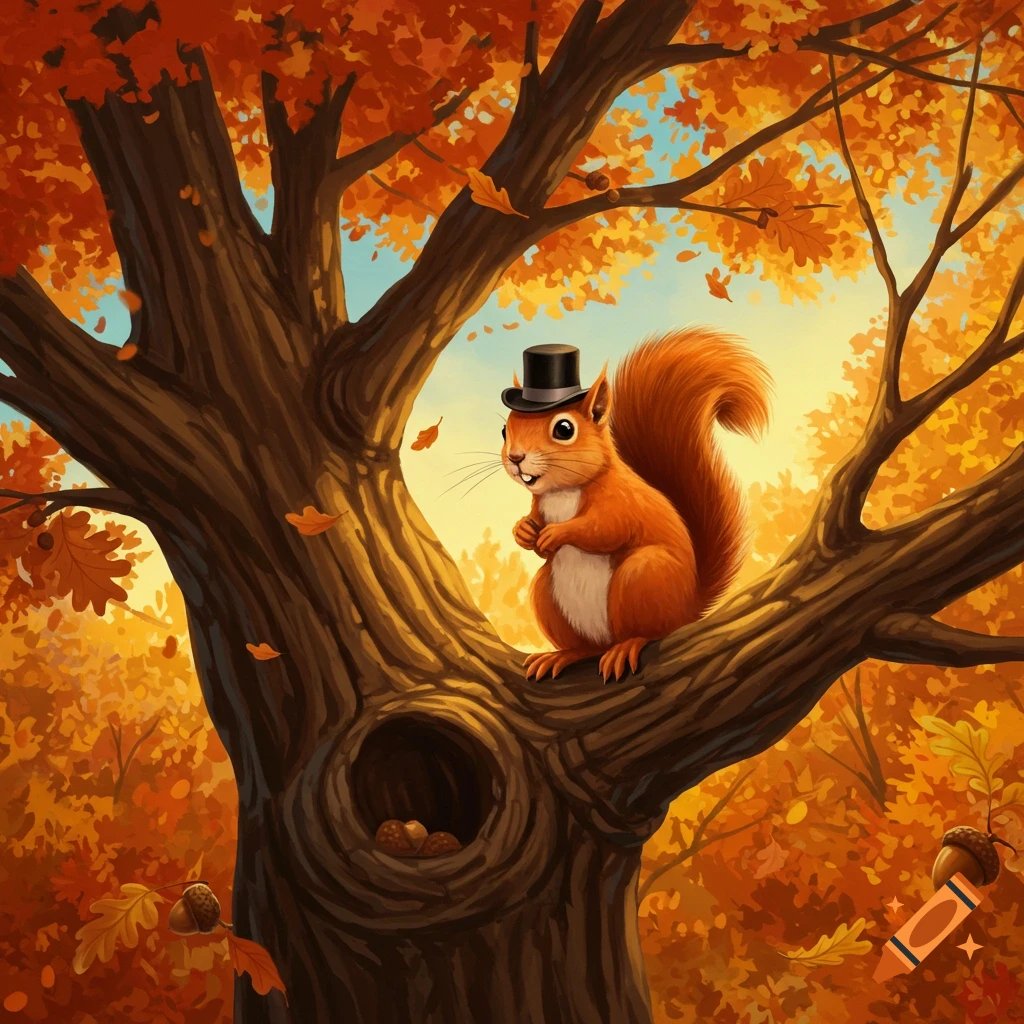 A charming squirrel wearing a black top hat sits on a tree branch amidst vibrant orange and red autumn leaves, with a small hole in the tree containing nuts.