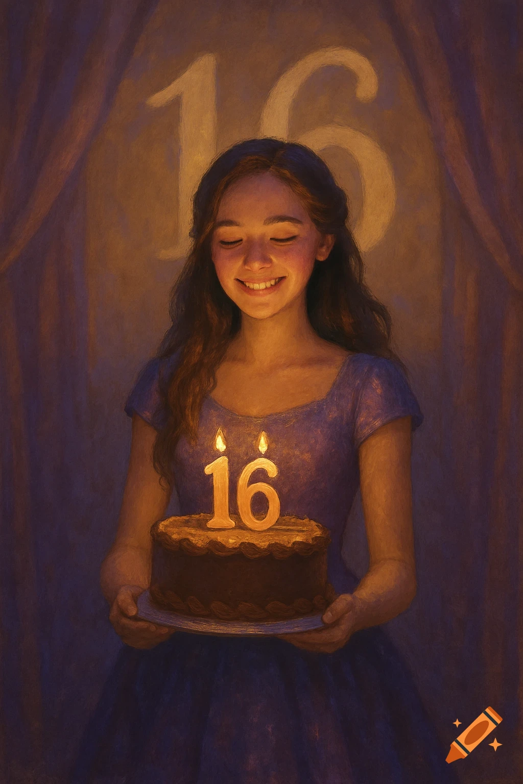 A girl smiles, holding a birthday cake with "16" candles, with a projected "16" on the wall behind her in a warm, painterly style.