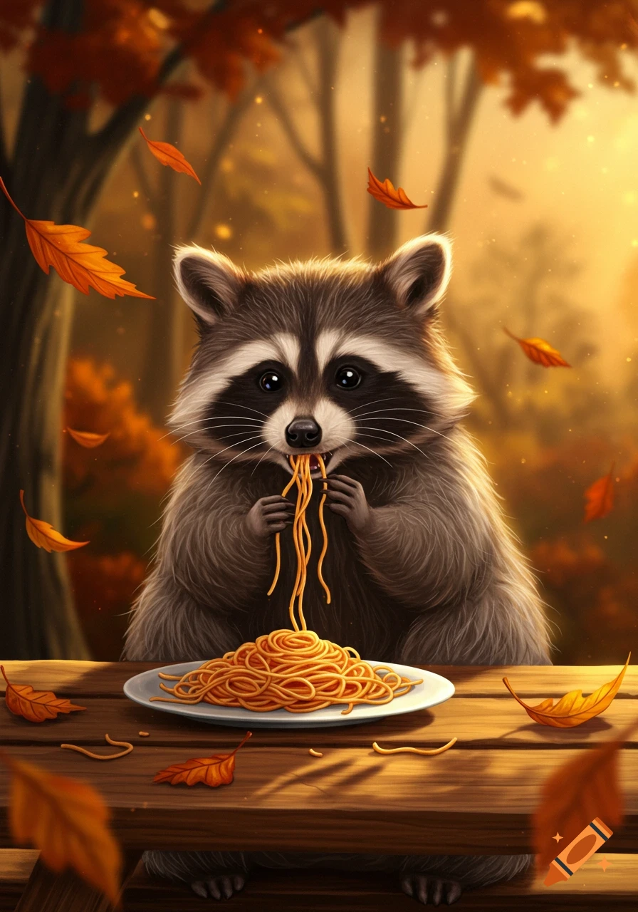 A cartoon raccoon sits at a wooden table in an autumn forest, eating a plate of spaghetti. Fallen orange leaves are scattered around.