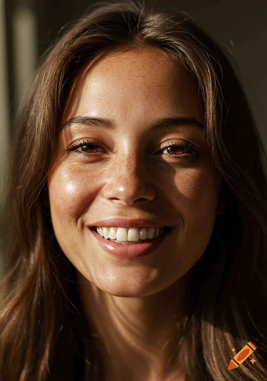 Close-up photorealistic portrait of a smiling woman with freckles, lit by soft window light.