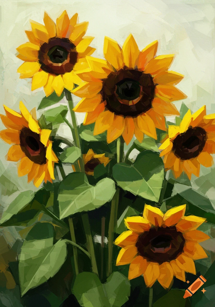 A vibrant painting of yellow sunflowers with dark centers and green leaves in a blocky, expressive art style.