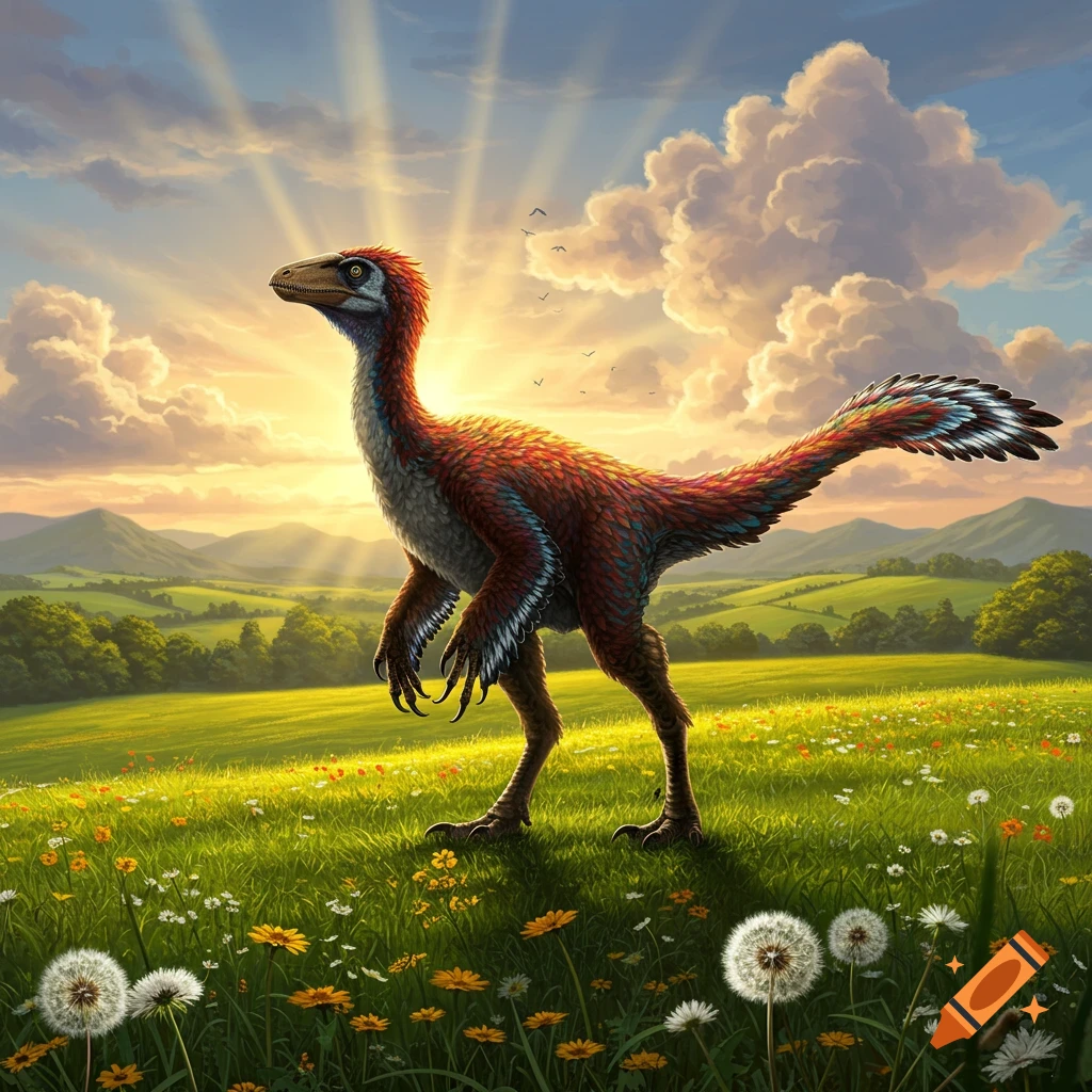 A vibrant, feathered dinosaur stands in a sunny green meadow filled with wildflowers, with rolling hills and a cloudy sky at sunset.
