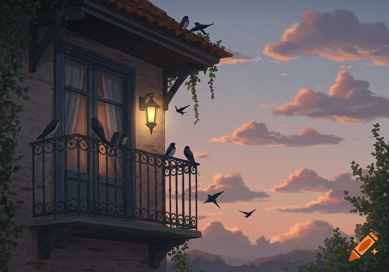 Illustrated scene of dark swallows on a balcony at sunset, with a glowing lantern and pink-orange clouds.
