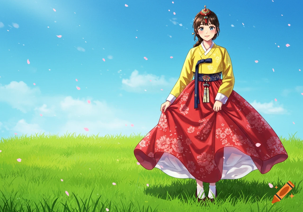 Anime girl in yellow and red hanbok standing in a grassy field with falling pink petals under a blue sky.