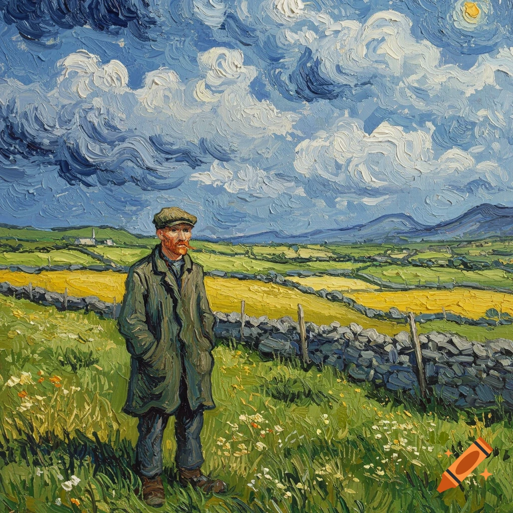 Van Gogh-style painting of a man with a beard and cap standing in a vibrant, textured Irish landscape under a swirling blue sky.