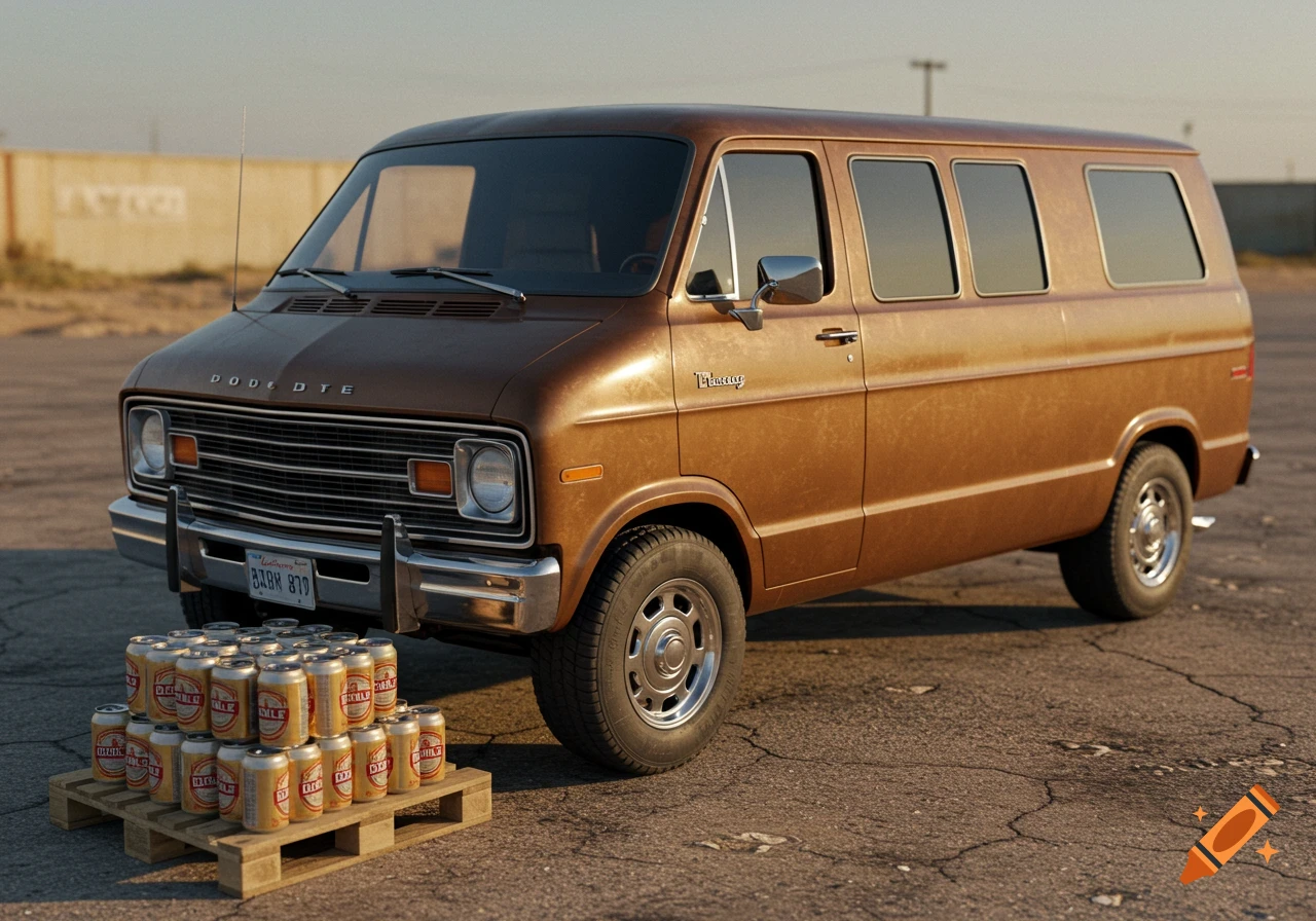 A brown 1970s-era Dodge van parked on cracked asphalt, with a small wooden pallet of beer cans next to its front bumper.