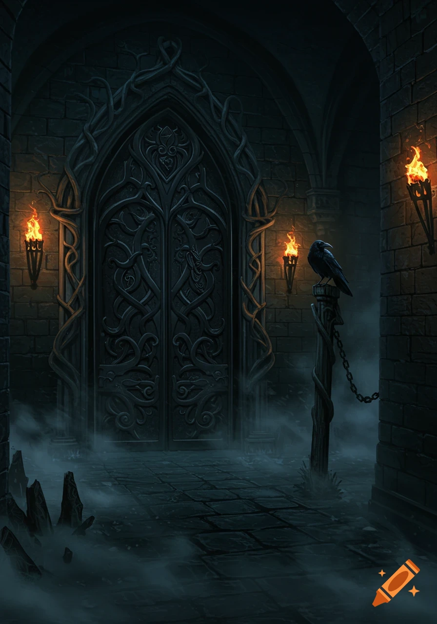 A dark, eerie gothic corridor with a large ornate door, two flaming torches, a crow on a post, and ground mist, fantasy art.