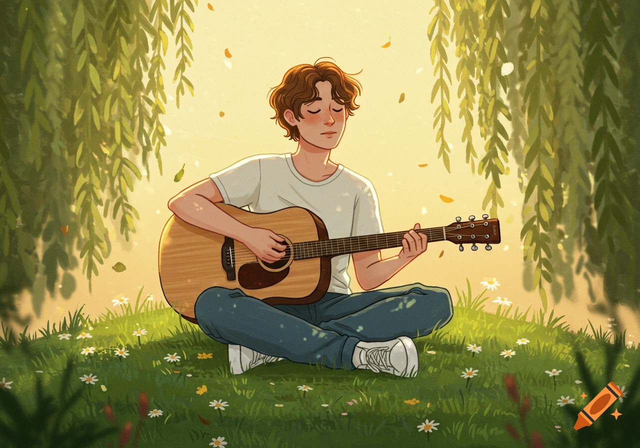 Illustration of a young person playing an acoustic guitar, sitting on a grassy hill under a weeping willow tree with falling leaves.