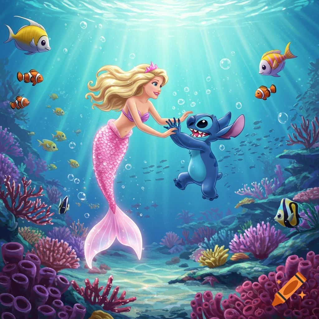 A cartoon blonde mermaid with a pink tail playing with a blue alien creature (Stitch) underwater, surrounded by fish and coral.