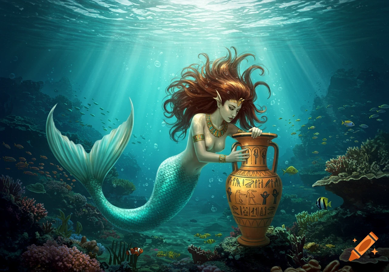 An artistic depiction of a mermaid with flowing red hair and a teal tail, looking into an ancient Egyptian-style vase underwater.