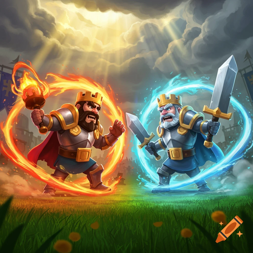 Two cartoon kings in armor, one wielding fire and the other ice, face off on a grassy field under a dramatic sky.