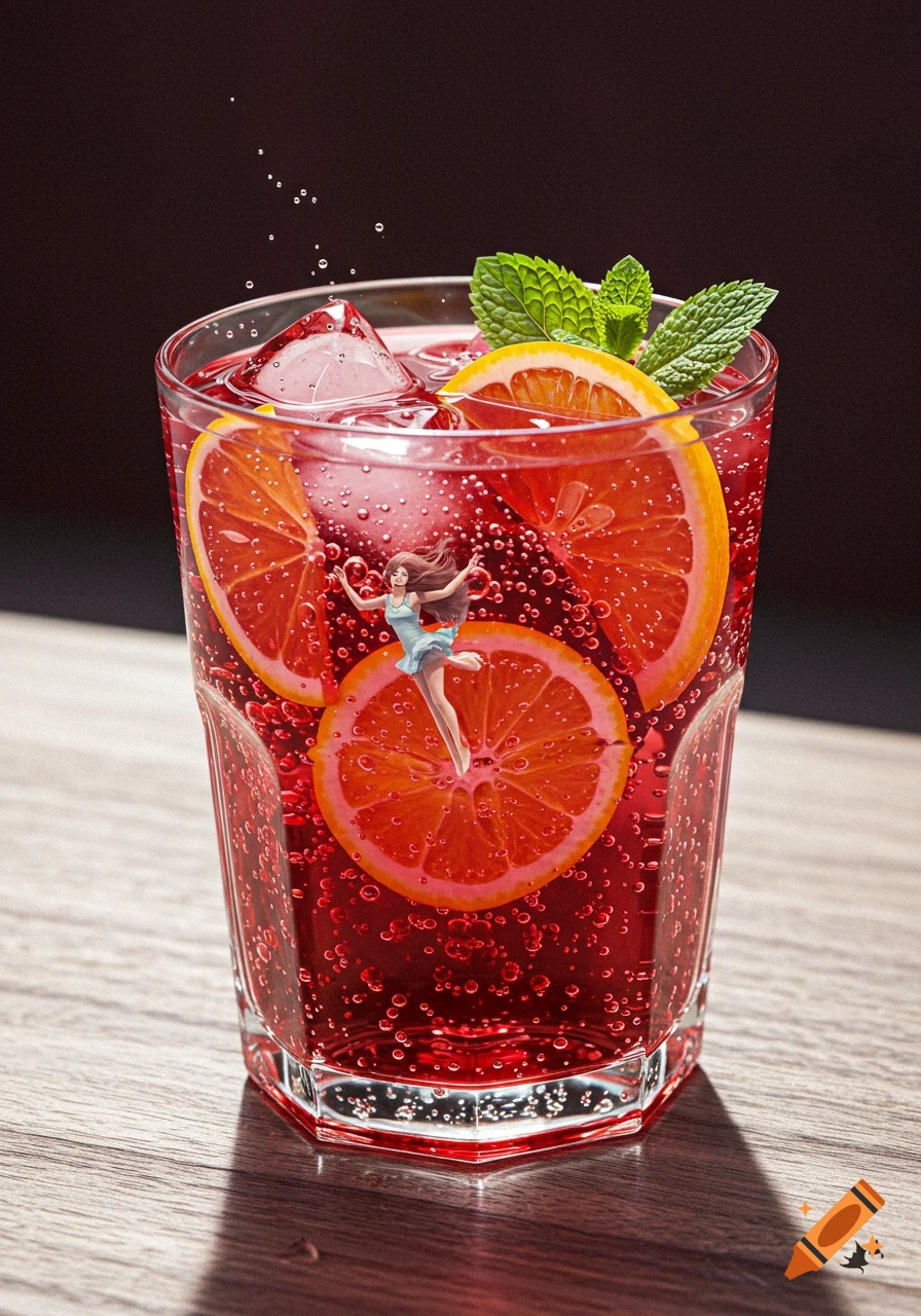 A photorealistic red sparkling drink in a glass with ice, orange slices, mint, and a tiny stylized girl floating amidst bubbles.