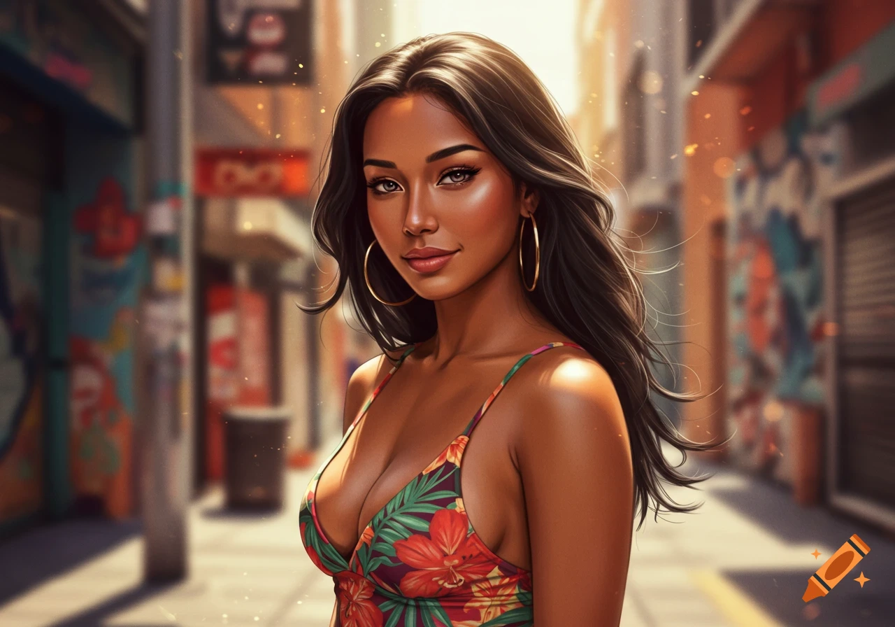Photorealistic portrait of a beautiful woman with long dark hair and hoop earrings, wearing a floral top, standing on a sunny urban street.