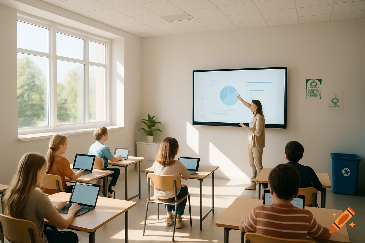 Photorealistic image of a teacher presenting data on a large digital screen to students using laptops in a bright, modern classroom.
