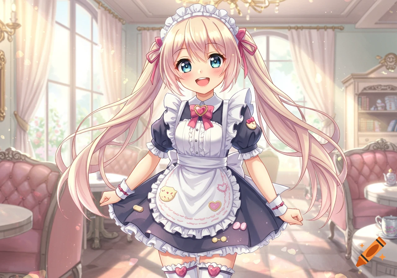 A cute anime maid girl with blonde pigtails smiles happily in an elegant, sunny cafe, in moe art style.
