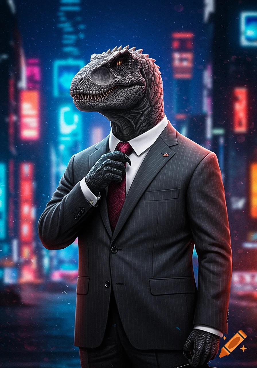 A photorealistic dinosaur in a pinstripe suit and red tie adjusts its tie, standing in a blurred, neon-lit city.