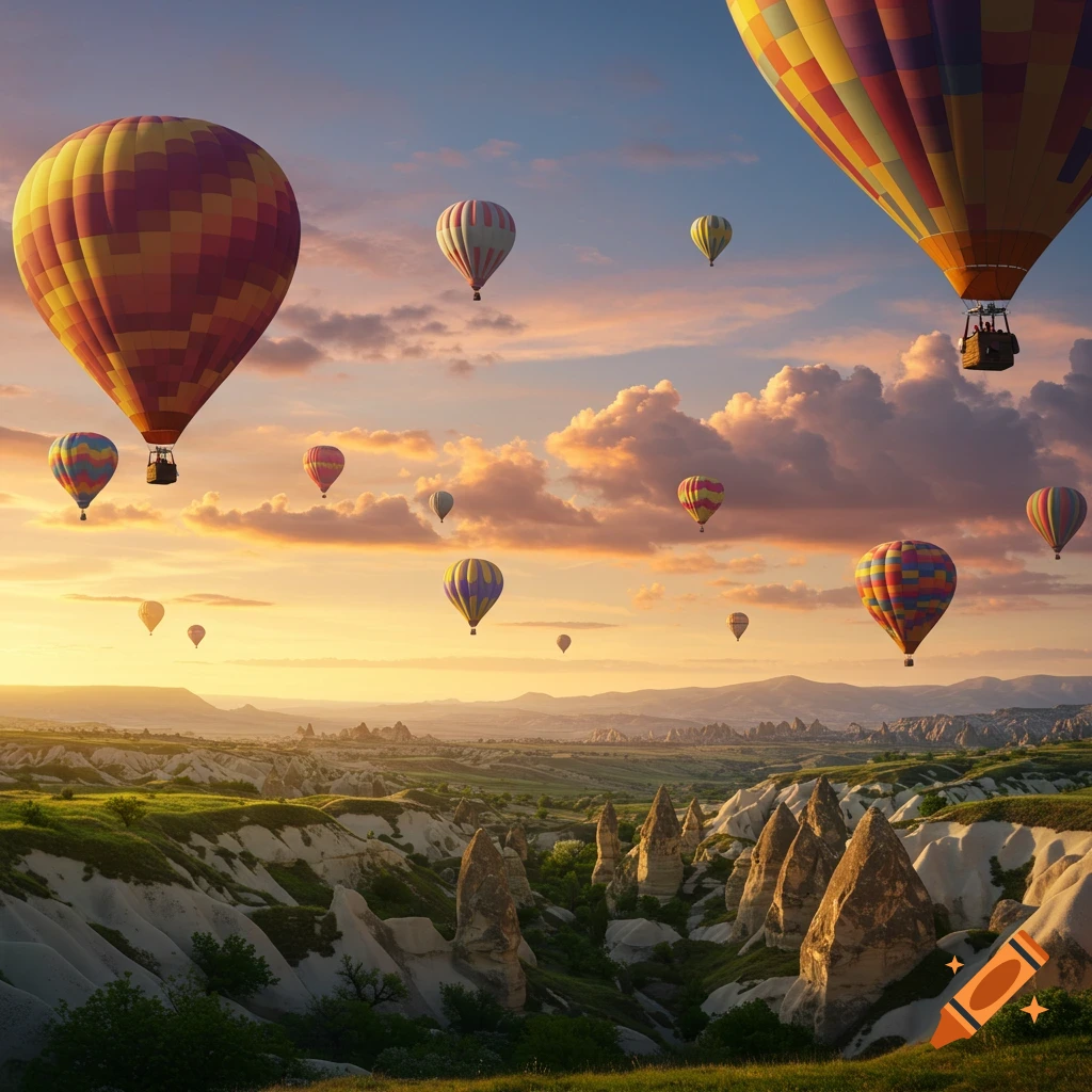 Many colorful hot air balloons float over a rugged valley landscape at sunset, with a vibrant sky.