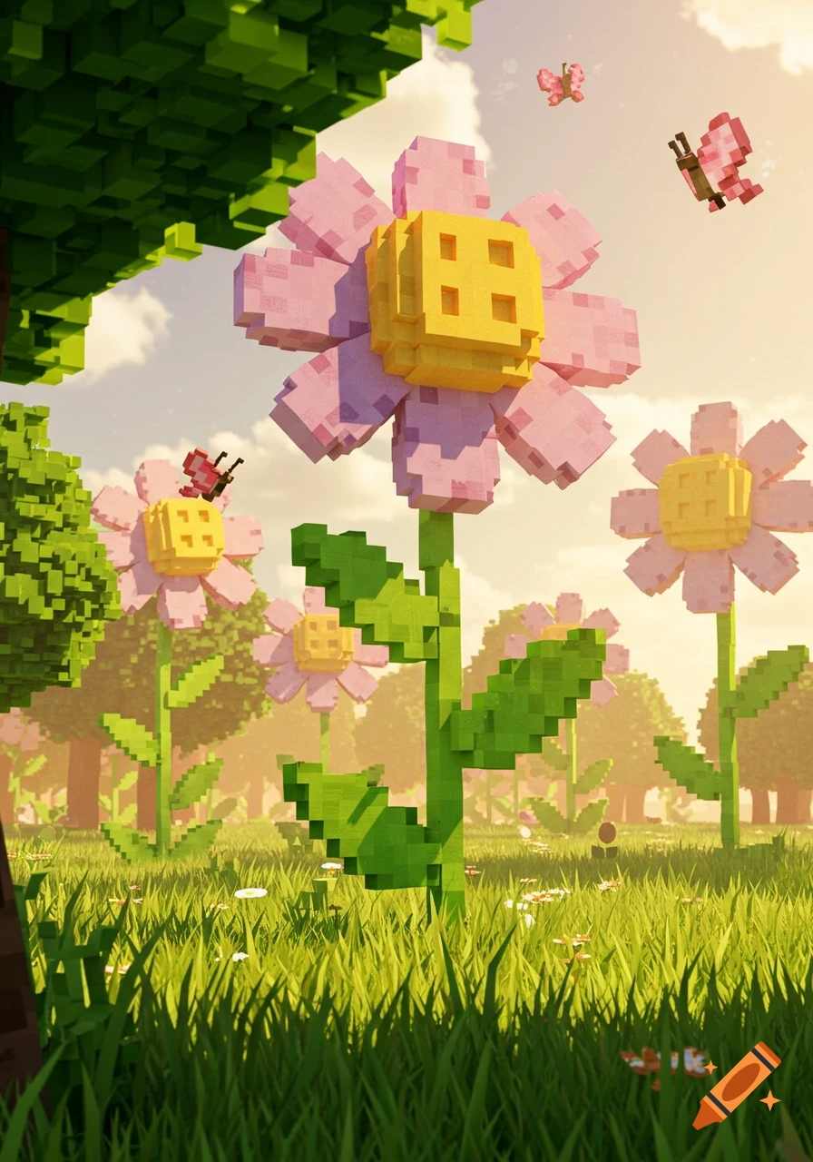 Large pixelated pink and yellow flowers in a grassy field, with pixelated butterflies flying in a sunny sky, in a blocky video game style.
