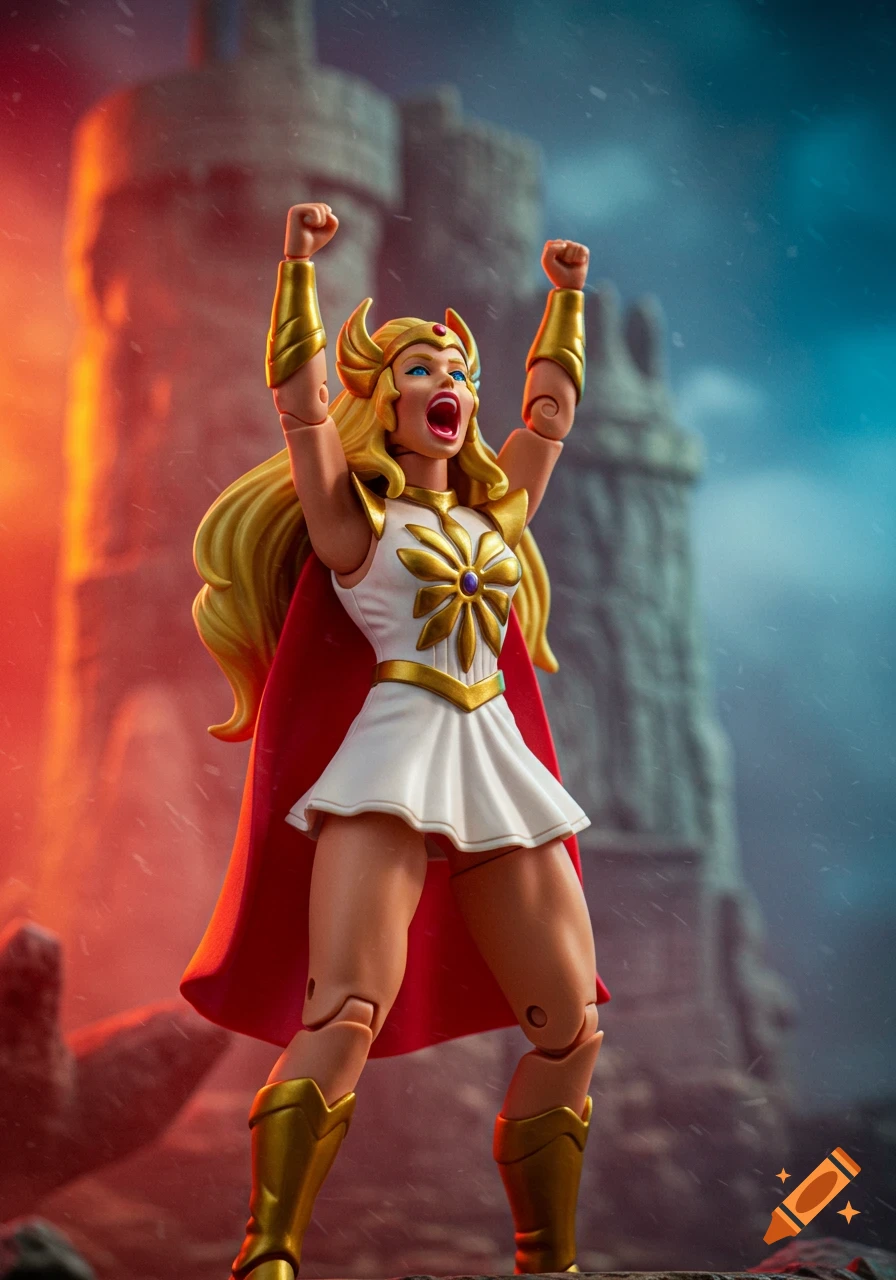 She-Ra action figure with arms raised in triumph, mouth open, against a fantasy castle background with dramatic lighting.