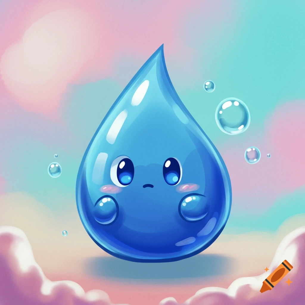 A cute, blue, cartoon teardrop character with big eyes and rosy cheeks, floating among bubbles and pastel clouds.