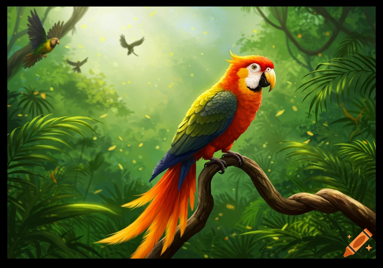 Vibrant scarlet macaw with a crest perches on a branch in a lush, sun-dappled tropical jungle with other birds flying. Illustrated.