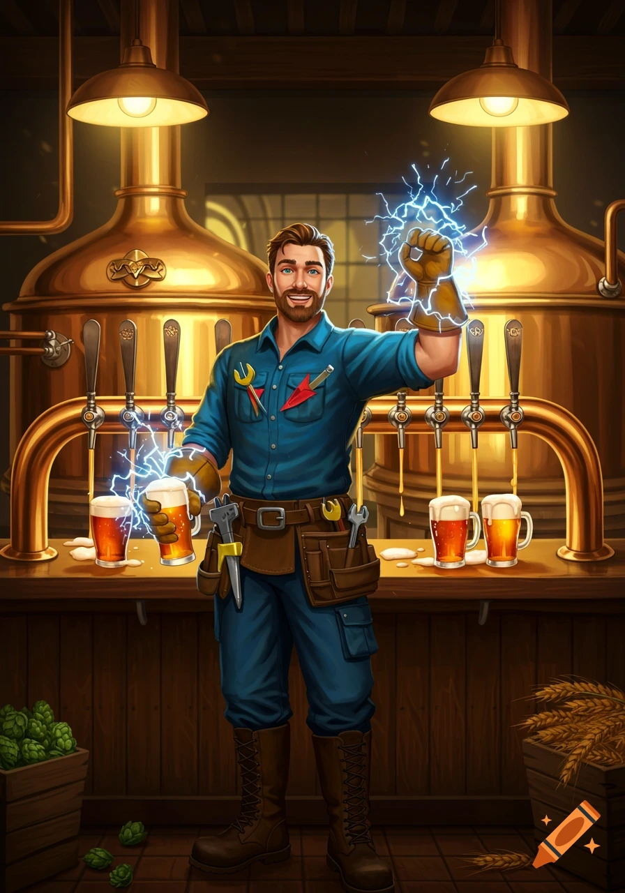 A man dressed as an electrician stands in a brewery, holding two beers with lightning emanating from his hands and the mugs.