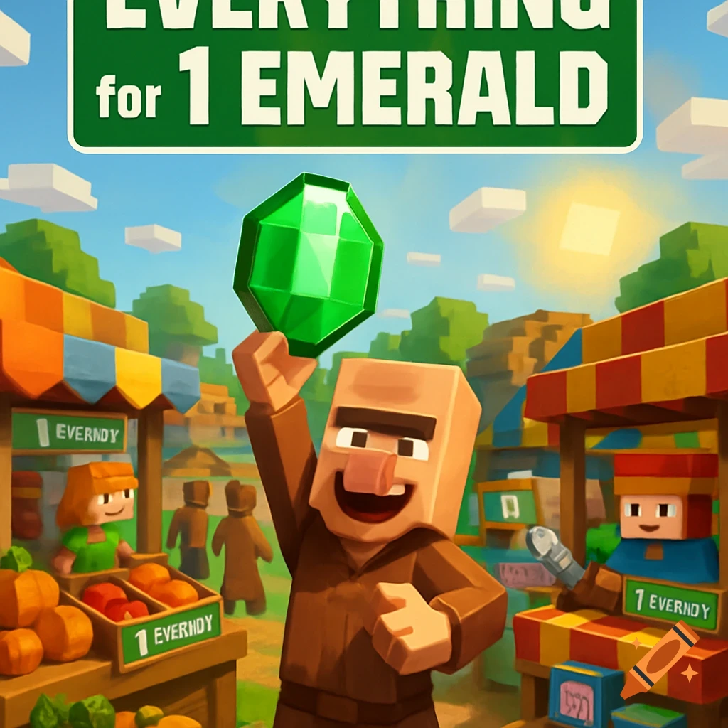 A Minecraft-style market scene with blocky villagers and a sign reading 'EVERYTHING for 1 EMERALD'. One villager holds up a large green emerald.