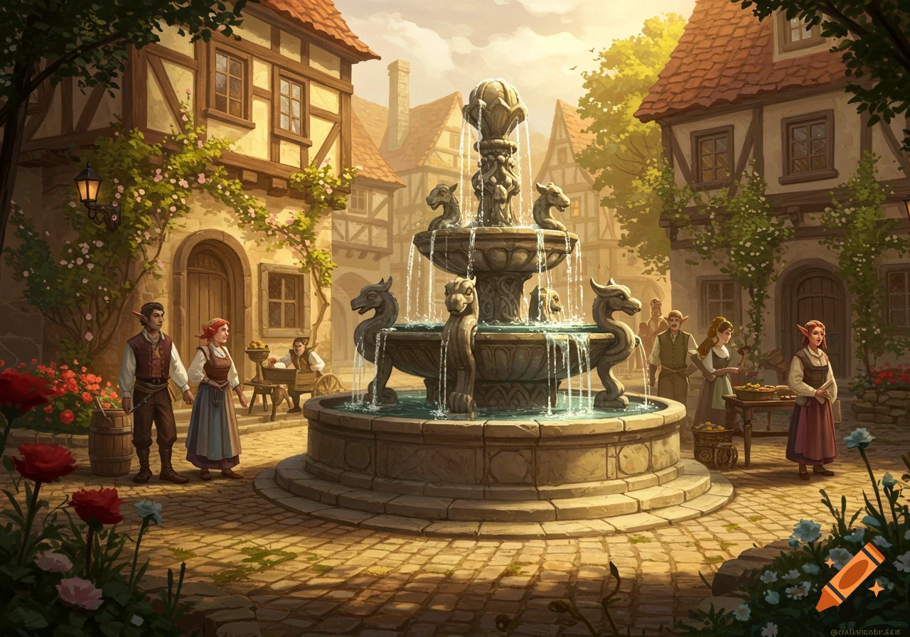 An illustrated fantasy village square with a central stone fountain, timber-frame buildings, and villagers.