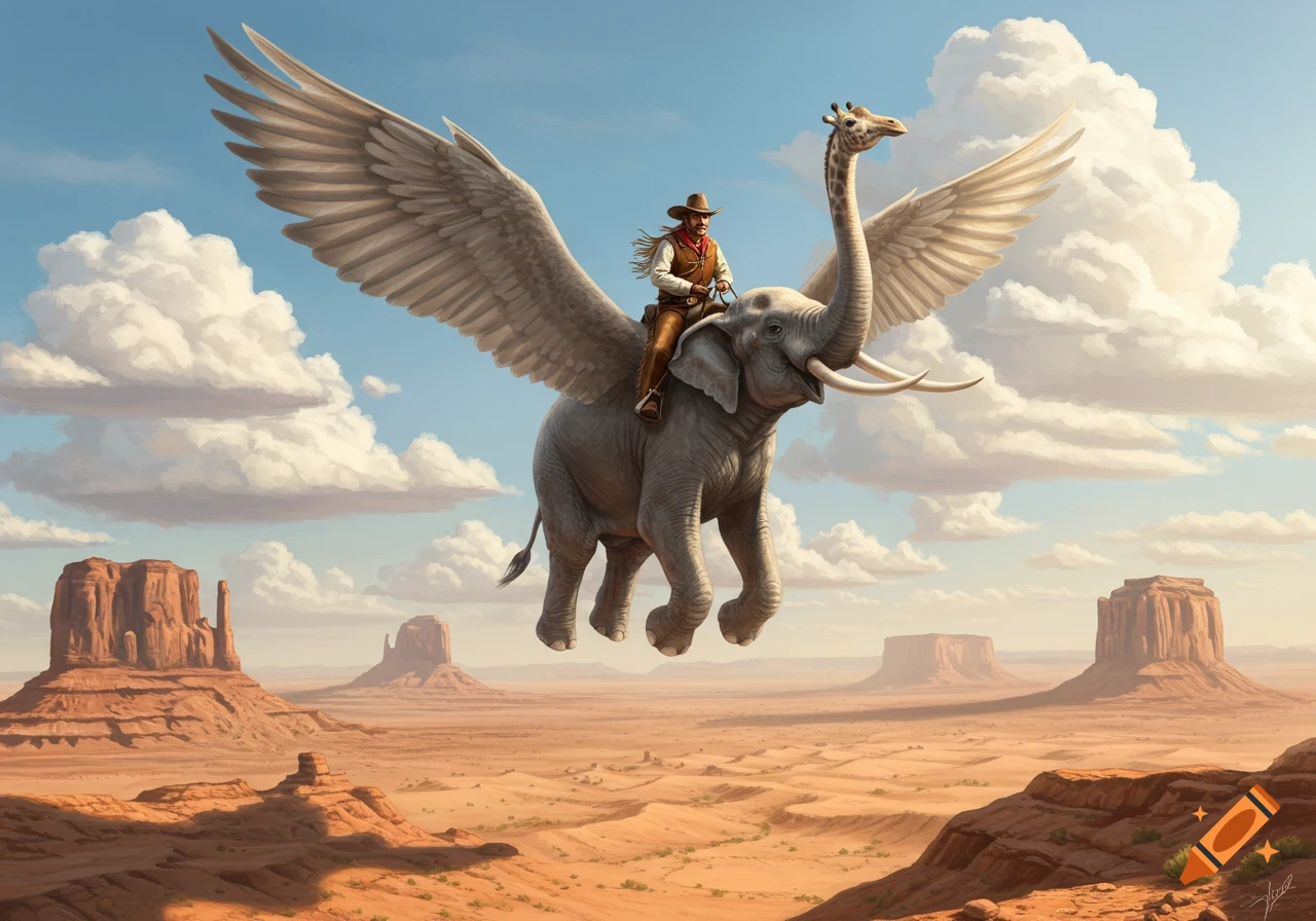 A cowboy rides a winged elephant with a giraffe neck flying over a desert landscape with mesas.