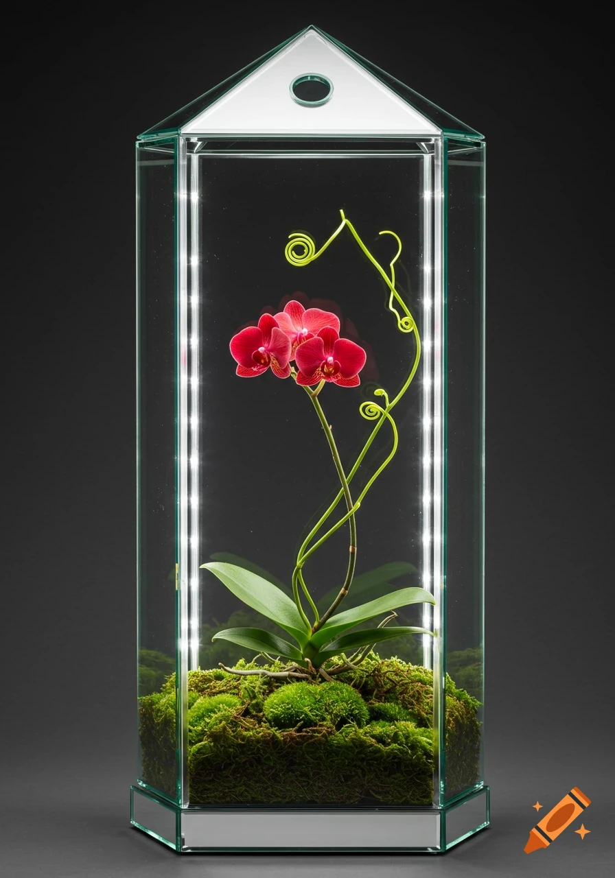 Photorealistic image of a red orchid in a glass terrarium with moss base, glowing LED lights, and crisp reflections.